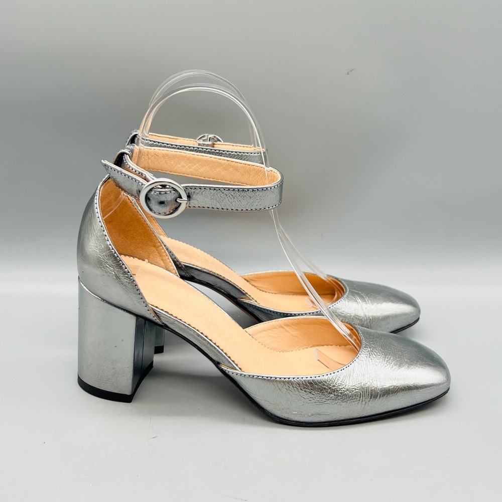 J Crew Shoes Womens 6 Silver Metallic Leather D'Orsay Ankle Strap Block Heel